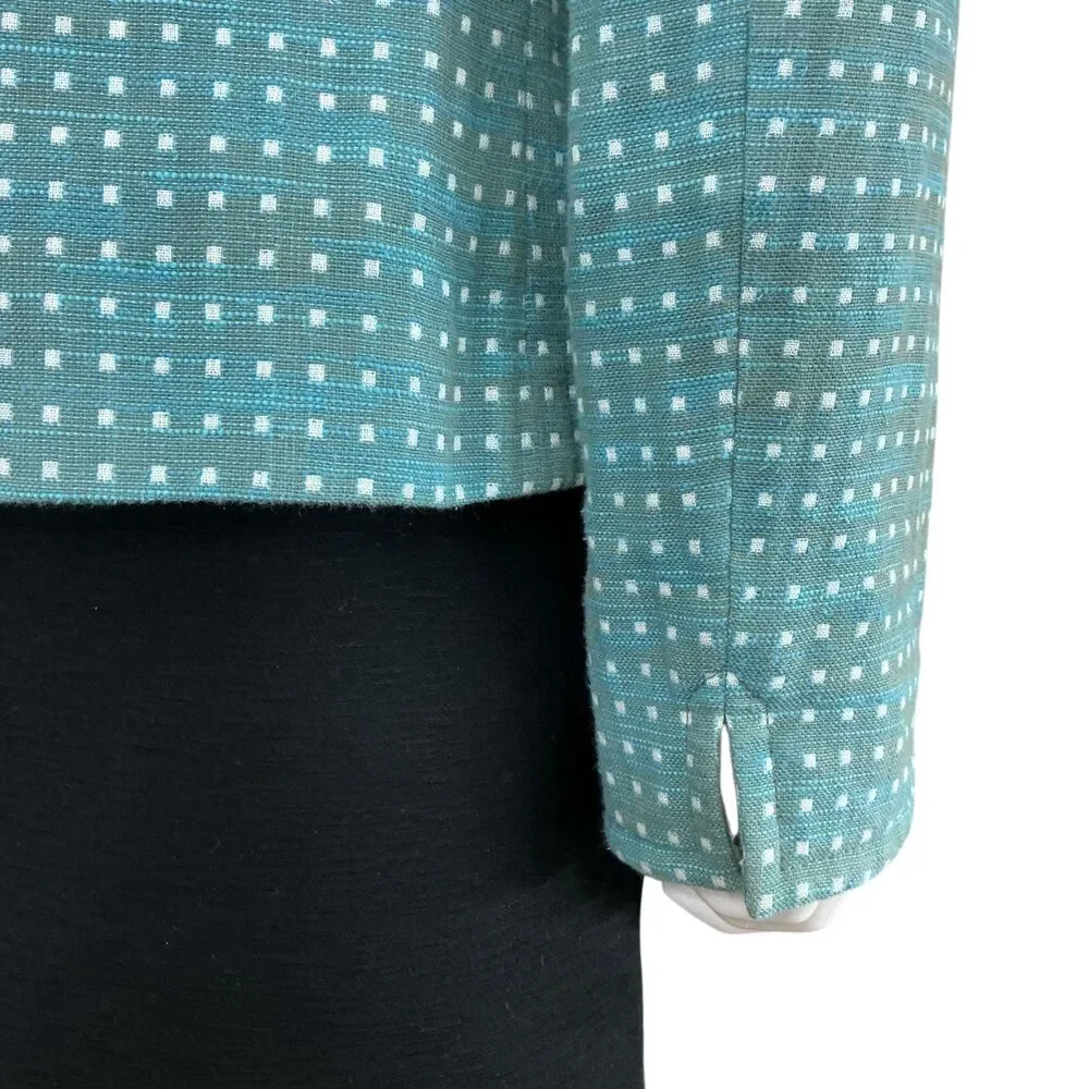AKRIS Punto Womens Linen Cotton Blazer Size 12 Turquoise White Check Print